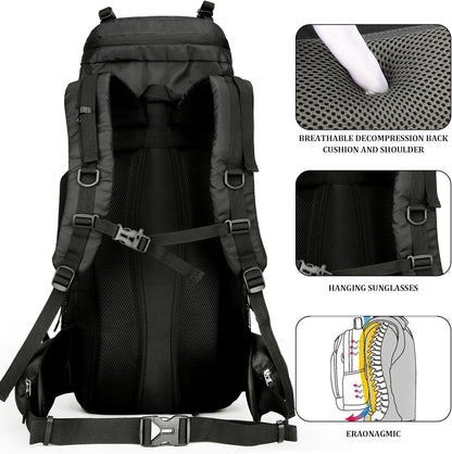 75L Hiking Backpack with Rain Cover Waterproof Camping Backpack Shoes Warehouse for Men Women, Frameless