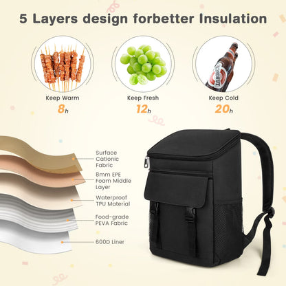 Camping Cooler Backpack 33 Can, Large Capacity Cooler Bag Insulated Compartments Thermal Pocket, Leakproof & Lightweight Travel Cooler Bag, Waterproof Picnic Camping Beach Bag, Black