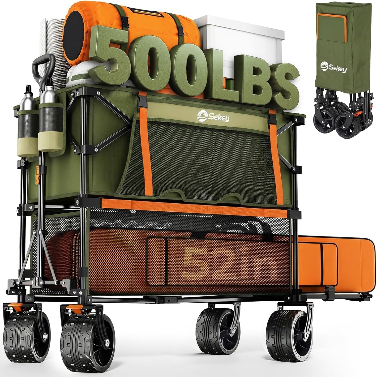 500LBS Heavy Duty Double Decker Wagon with Extender, 400L Large Capacity Collapsible Garden Cart Fits 10X10 Canopy, All-Terrain Big Wheels with Brakes, Foldable Utility Wagon for Sports, Camping