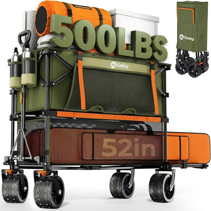 500LBS Heavy Duty Double Decker Wagon with Extender, 400L Large Capacity Collapsible Garden Cart Fits 10X10 Canopy, All-Terrain Big Wheels with Brakes, Foldable Utility Wagon for Sports, Camping