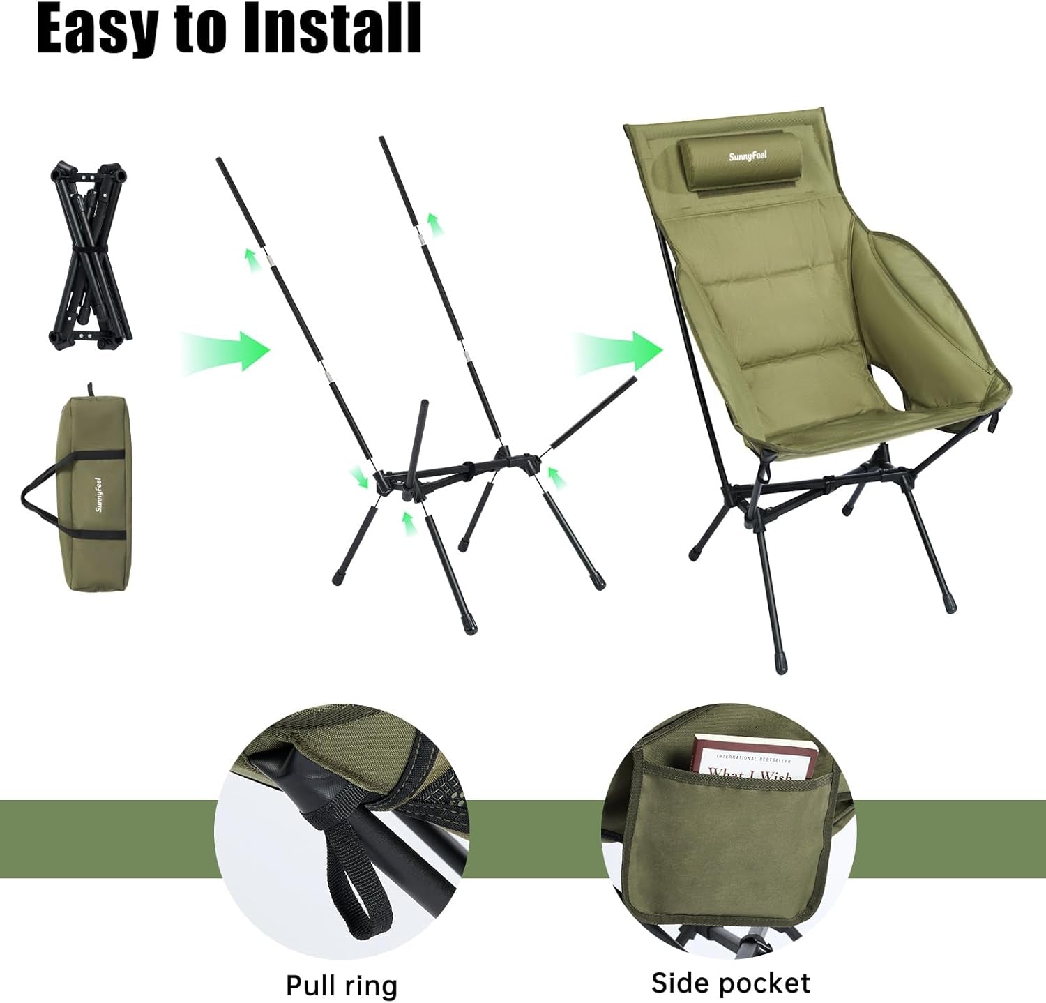 Oversized High Back Padded Camping Chair, Portable Folding Outdoor Chair, Sturdy Camping Chair, Ultralight Compact Chair for Camping, Beach, Festival, Travel, Patio (Army Green)