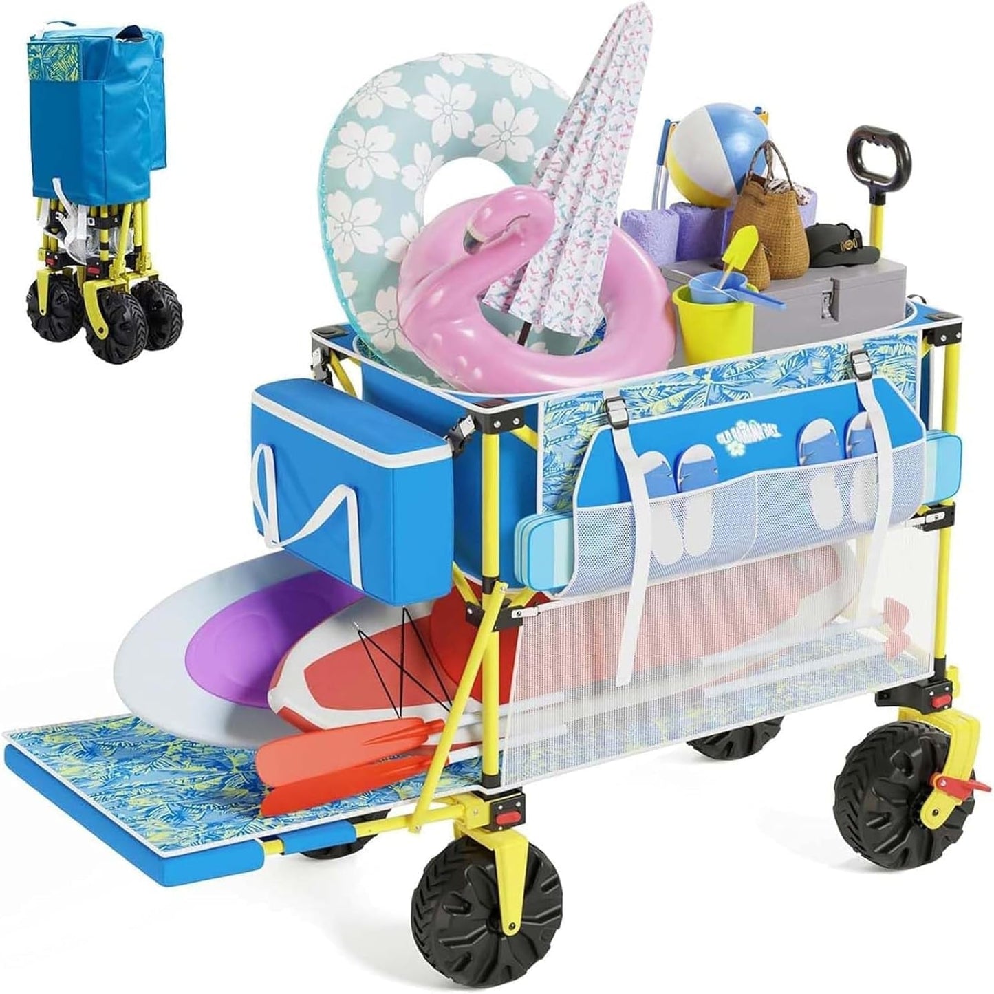 Double Decker Beach Wagon Cart, 400L Extra Large Capacity, 450Lbs Heavy Duty, 54" Extendable Tailgate, All-Terrain Wheels with Brakes, Cooler Bag, Cup Holders & Side Pockets for Beach Camping Shoping