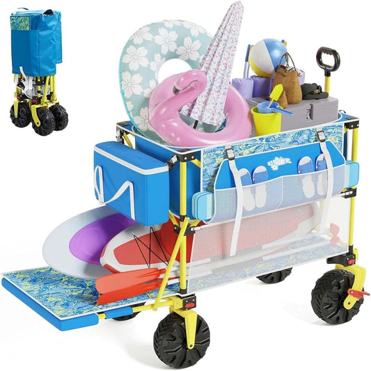 Double Decker Beach Wagon Cart, 400L Extra Large Capacity, 450Lbs Heavy Duty, 54" Extendable Tailgate, All-Terrain Wheels with Brakes, Cooler Bag, Cup Holders & Side Pockets for Beach Camping Shoping