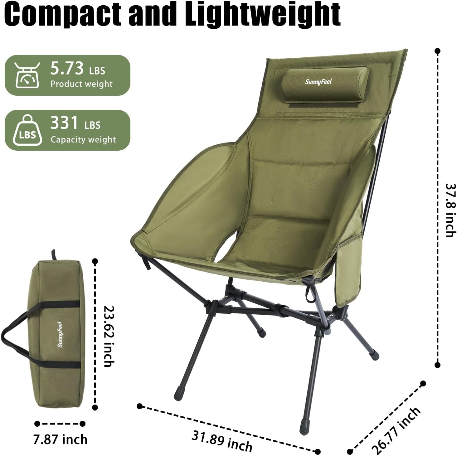 Oversized High Back Padded Camping Chair, Portable Folding Outdoor Chair, Sturdy Camping Chair, Ultralight Compact Chair for Camping, Beach, Festival, Travel, Patio (Army Green)