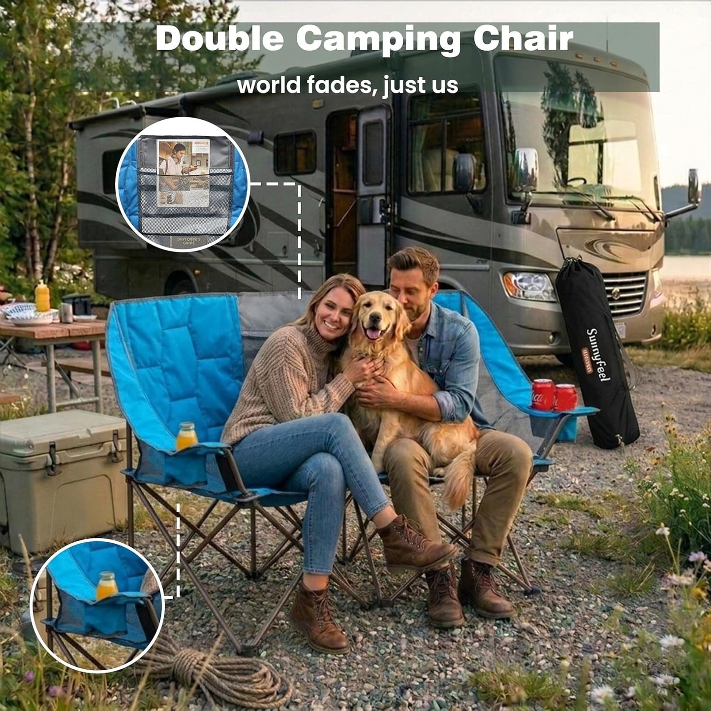 Folding Double Camping Chair, Oversized Loveseat Chair, Heavy Duty Portable/Foldable Lawn Chair with Storage for Outside/Outdoor/Travel/Picnic, Fold up Camp Chairs for Adults 2 People