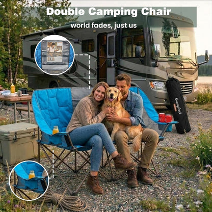 Folding Double Camping Chair, Oversized Loveseat Chair, Heavy Duty Portable/Foldable Lawn Chair with Storage for Outside/Outdoor/Travel/Picnic, Fold up Camp Chairs for Adults 2 People