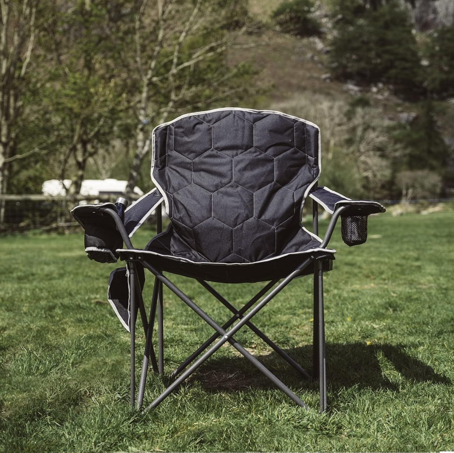 Oversized Camping Chair for Adults, Heavy Duty 500LBS Black | Padded Oversized Camping Chair with Cup Holder & Side Pocket. Portable Folding Lawn Chair for Outdoor Beach Picnic Fishing