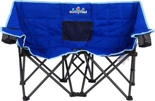 Kids Folding Double Camping Chair, Portable Kids Camping Chairs 2 Seat Chair, Blue Padded Foldable Lawn Chairs with Cup Holder for Beach/Outdoor/Travel/Picnic, Foldable Camp Chairs 2 Person