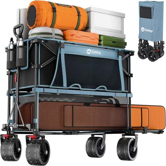 500LBS Heavy Duty Double Decker Wagon with Extender, 400L Large Capacity Collapsible Garden Cart Fits 10X10 Canopy, All-Terrain Big Wheels with Brakes, Foldable Utility Wagon for Sports, Camping