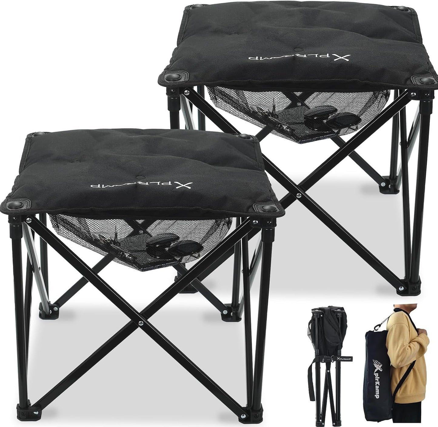 Padded Camping Stool, 18 Inch Oversized Camping Foot Rest, 500Lb Outdoor Folding Camp Chair Portable Camping Ottoman for Camping Gardening W/Storage Net, Carry Bag (2, Black)