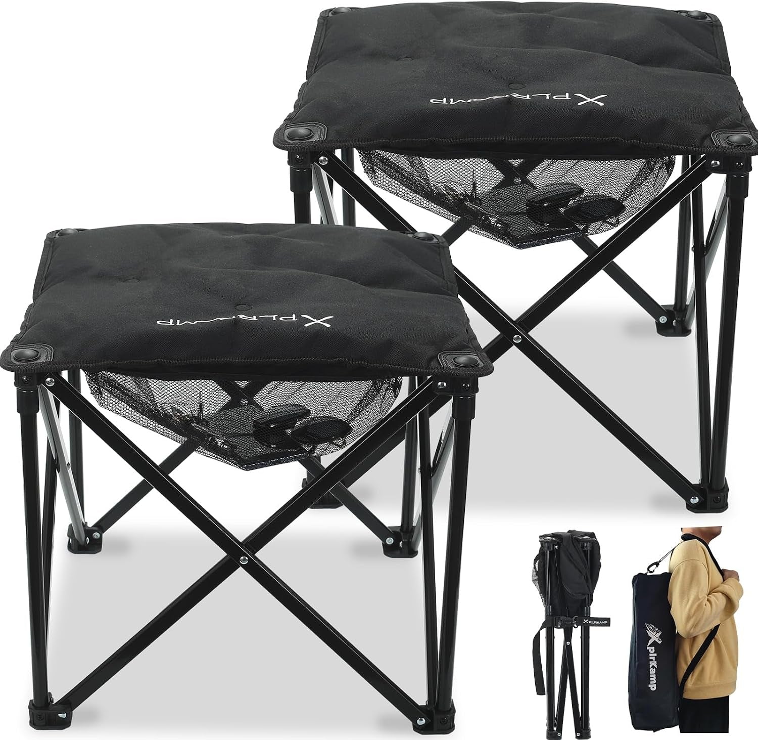 Padded Camping Stool, 18 Inch Oversized Camping Foot Rest, 500Lb Outdoor Folding Camp Chair Portable Camping Ottoman for Camping Gardening W/Storage Net, Carry Bag (2, Black)