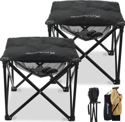 Padded Camping Stool, 18 Inch Oversized Camping Foot Rest, 500Lb Outdoor Folding Camp Chair Portable Camping Ottoman for Camping Gardening W/Storage Net, Carry Bag (2, Black)