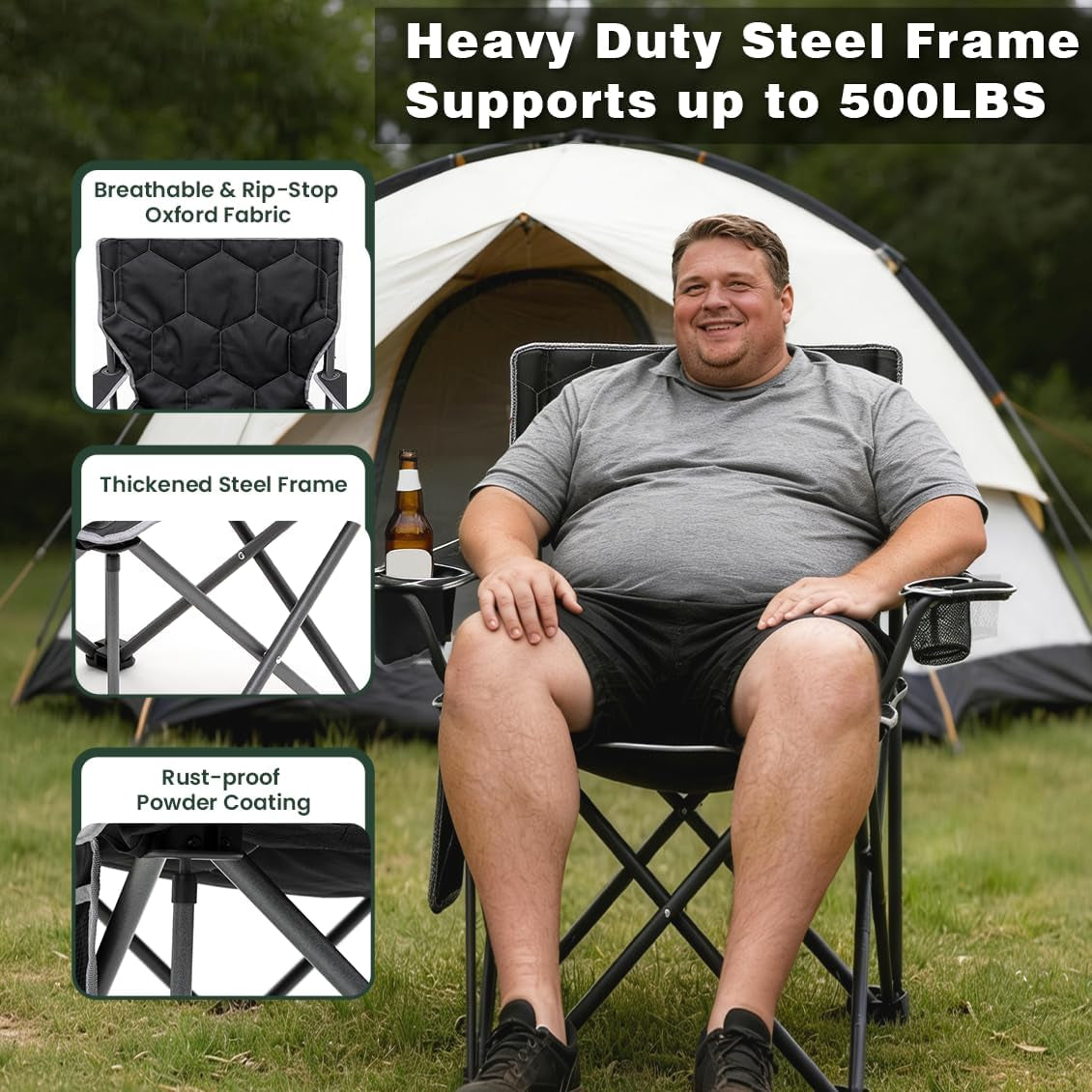 Oversized Camping Chair for Adults, Heavy Duty 500LBS Black | Padded Oversized Camping Chair with Cup Holder & Side Pocket. Portable Folding Lawn Chair for Outdoor Beach Picnic Fishing
