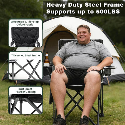 Oversized Camping Chair for Adults, Heavy Duty 500LBS Black | Padded Oversized Camping Chair with Cup Holder & Side Pocket. Portable Folding Lawn Chair for Outdoor Beach Picnic Fishing