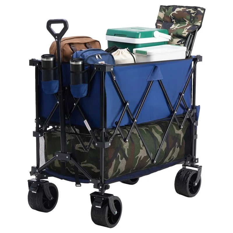 Folding Double Decker Wagon with Brakes, 54" Extra Long Extended Cart, Equipped with 7" All-Terrain Big Wheels for Camping