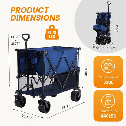 Folding Double Decker Wagon with Brakes, 54" Extra Long Extended Cart, Equipped with 7" All-Terrain Big Wheels for Camping