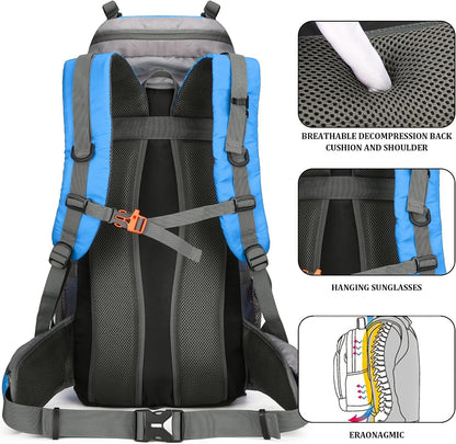 75L Hiking Backpack with Rain Cover Waterproof Camping Backpack Shoes Warehouse for Men Women, Frameless
