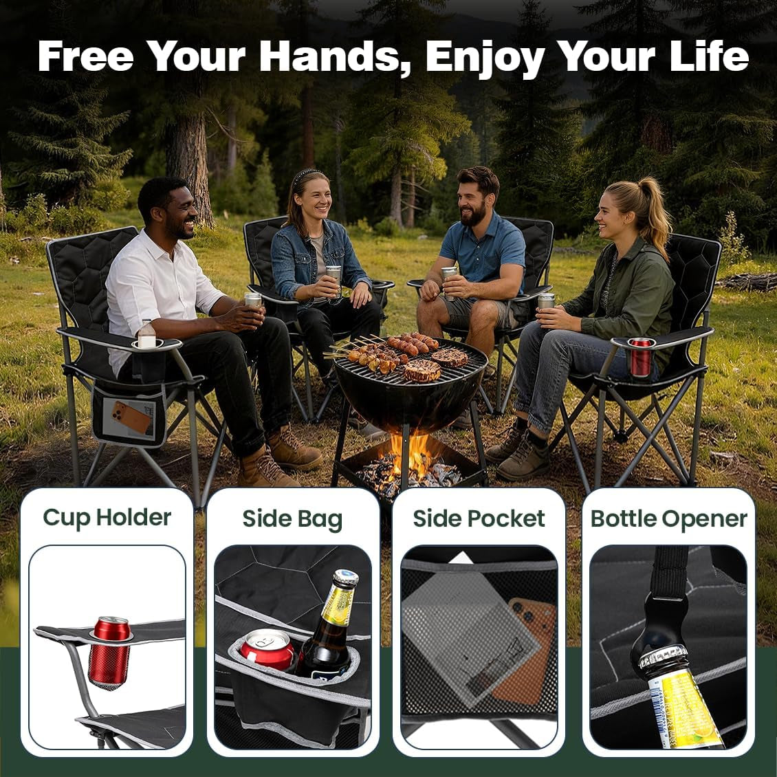 Camping Chair for Adults, Heavy Duty 500LBS Black 2 Pack | Padded Oversized Camping Chair with Cup Holder & Side Pocket. Portable Folding Lawn Chair for Outdoor Beach Picnic Fishing