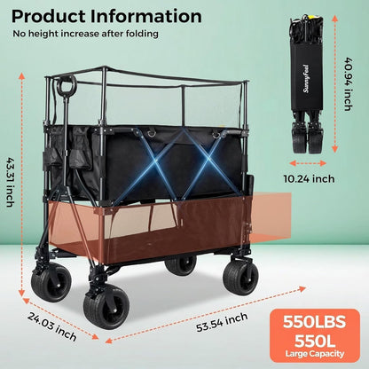 550L Double Decker Wagon with High Extender & Tailgate | 550LBS Heavy Duty Foldable Sports Wagon Cart, All-Terrain Big Wheels for Baseball/Softball, Camping, Garden, Beach, Black