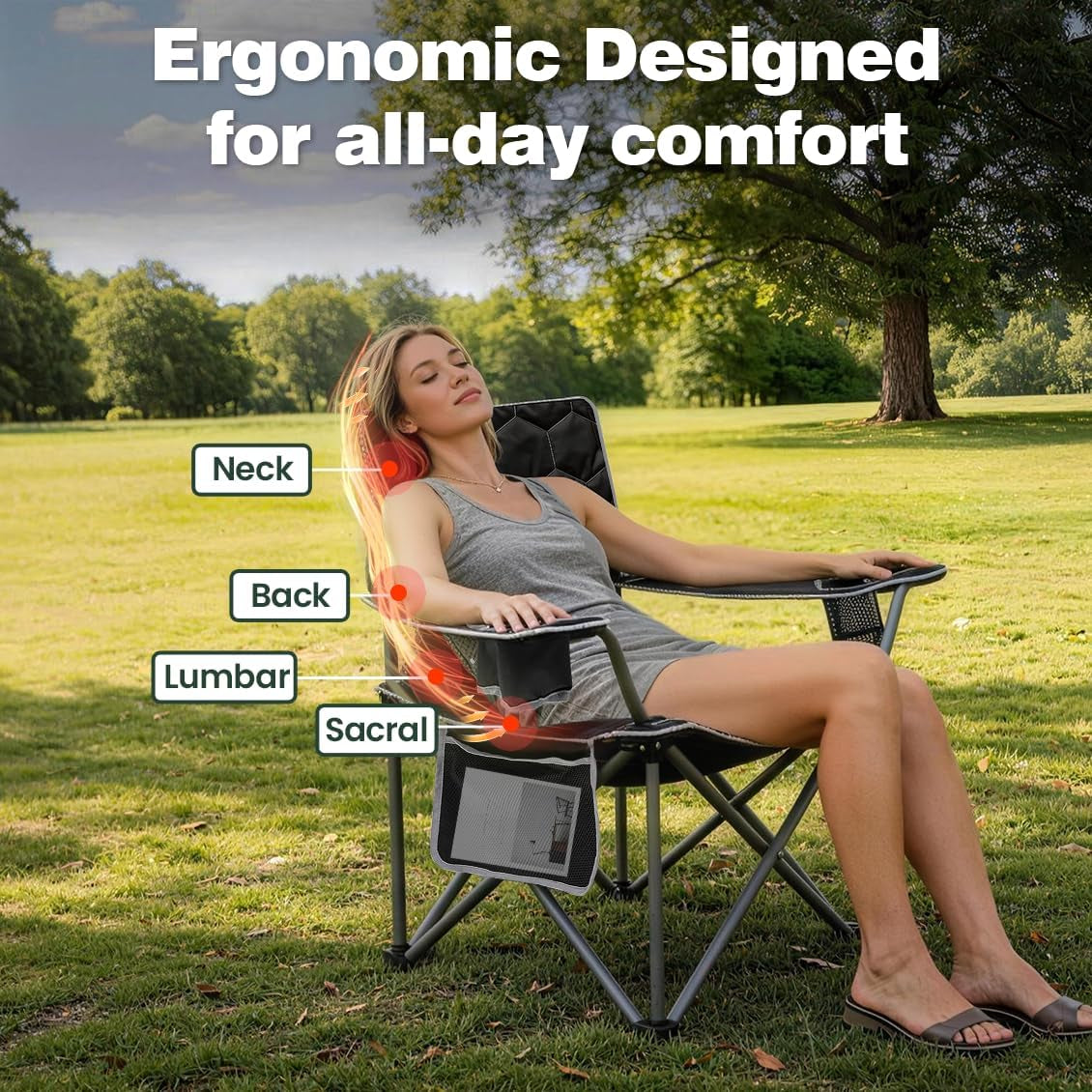 Camping Chair for Adults, Heavy Duty 500LBS Black 2 Pack | Padded Oversized Camping Chair with Cup Holder & Side Pocket. Portable Folding Lawn Chair for Outdoor Beach Picnic Fishing