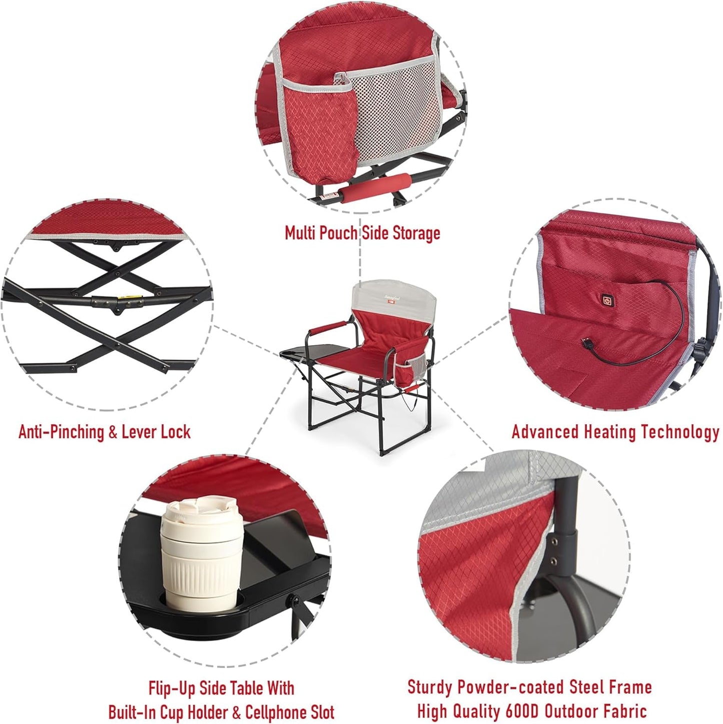 Heated Camping Directors Chair, Heavy Duty,Oversized Outdoor Portable Heating Folding Chair with Side Table, Pocket for Beach, Fishing,Trip,Picnic,Lawn,Concert Foldable Camp Chairs