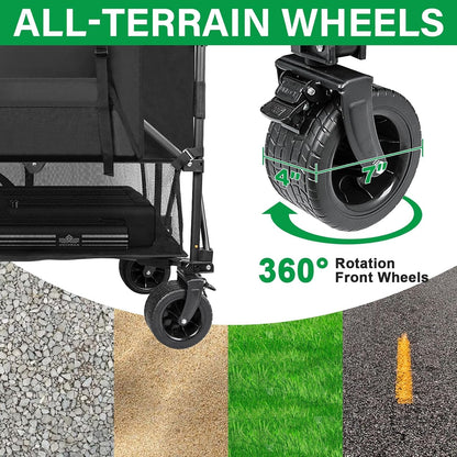 Double Decker Wagon 600Lb Capacity & 400L Collapsible Sports Wagon with Big Wheels 54" Extended Utility Folding Cart for Camping Fishing & Outdoor Use
