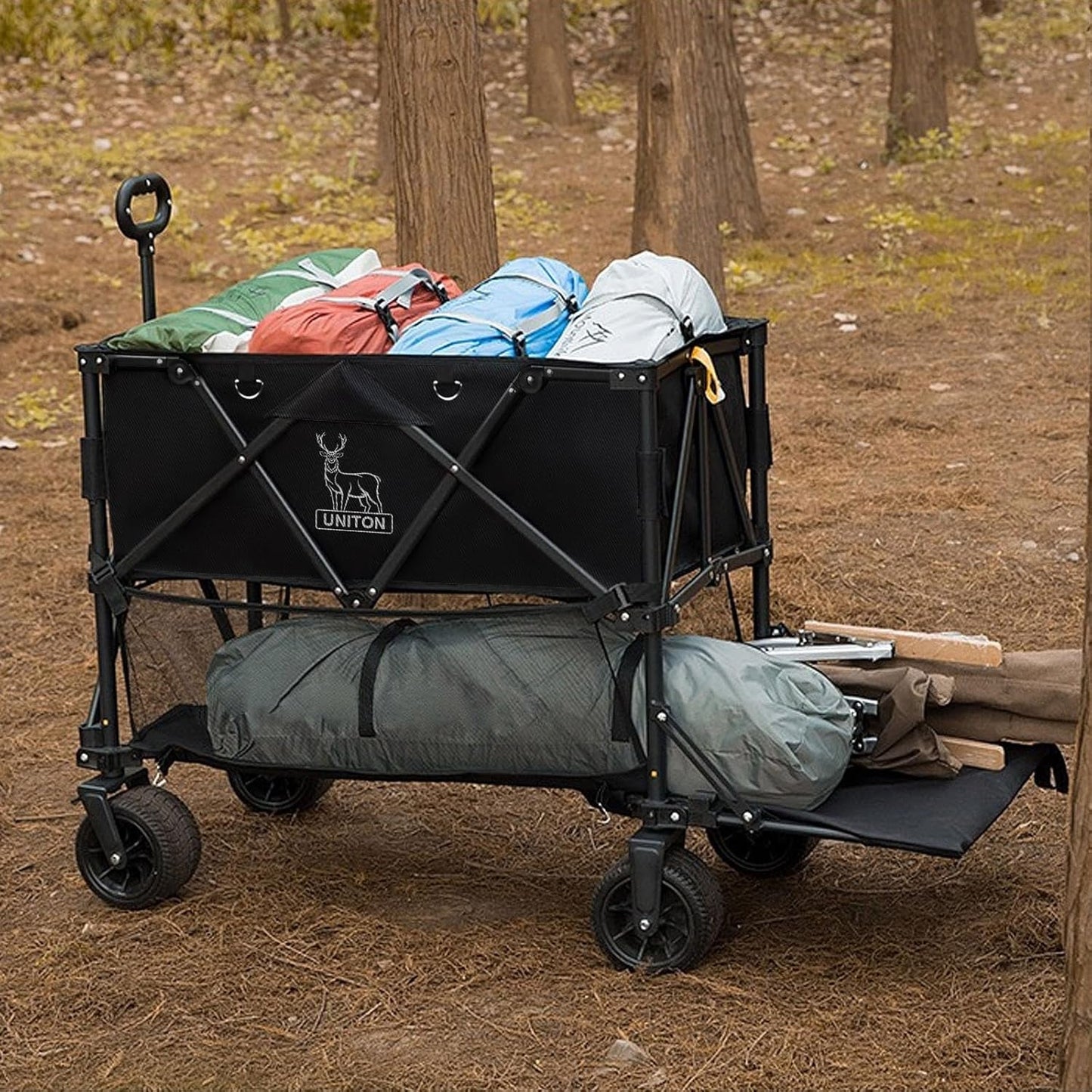 Double Decker Wagon 600Lb Capacity & 400L Collapsible Sports Wagon with Big Wheels 54" Extended Utility Folding Cart for Camping Fishing & Outdoor Use