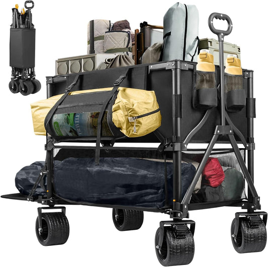 Double Decker Wagon 600Lb Capacity & 400L Collapsible Sports Wagon with Big Wheels 54" Extended Utility Folding Cart for Camping Fishing & Outdoor Use
