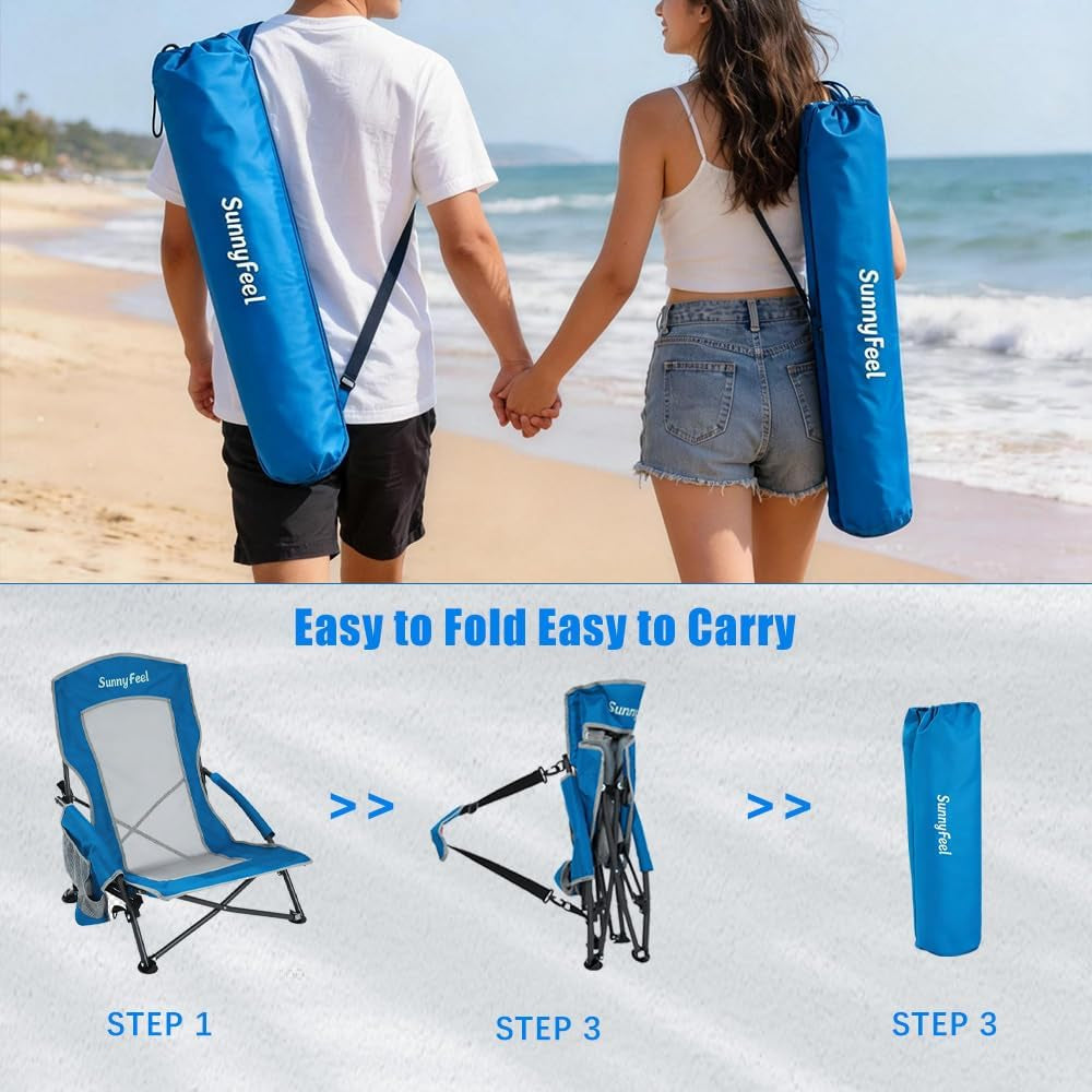Low Folding Beach Chair for Adults, Portable Lightweight Sling Beach Camping Chairs with Cup Holder, Armrest,Foldable Camp Lawn Chair for Outdoor Sand Concert Travel Sport Events,300Lbs