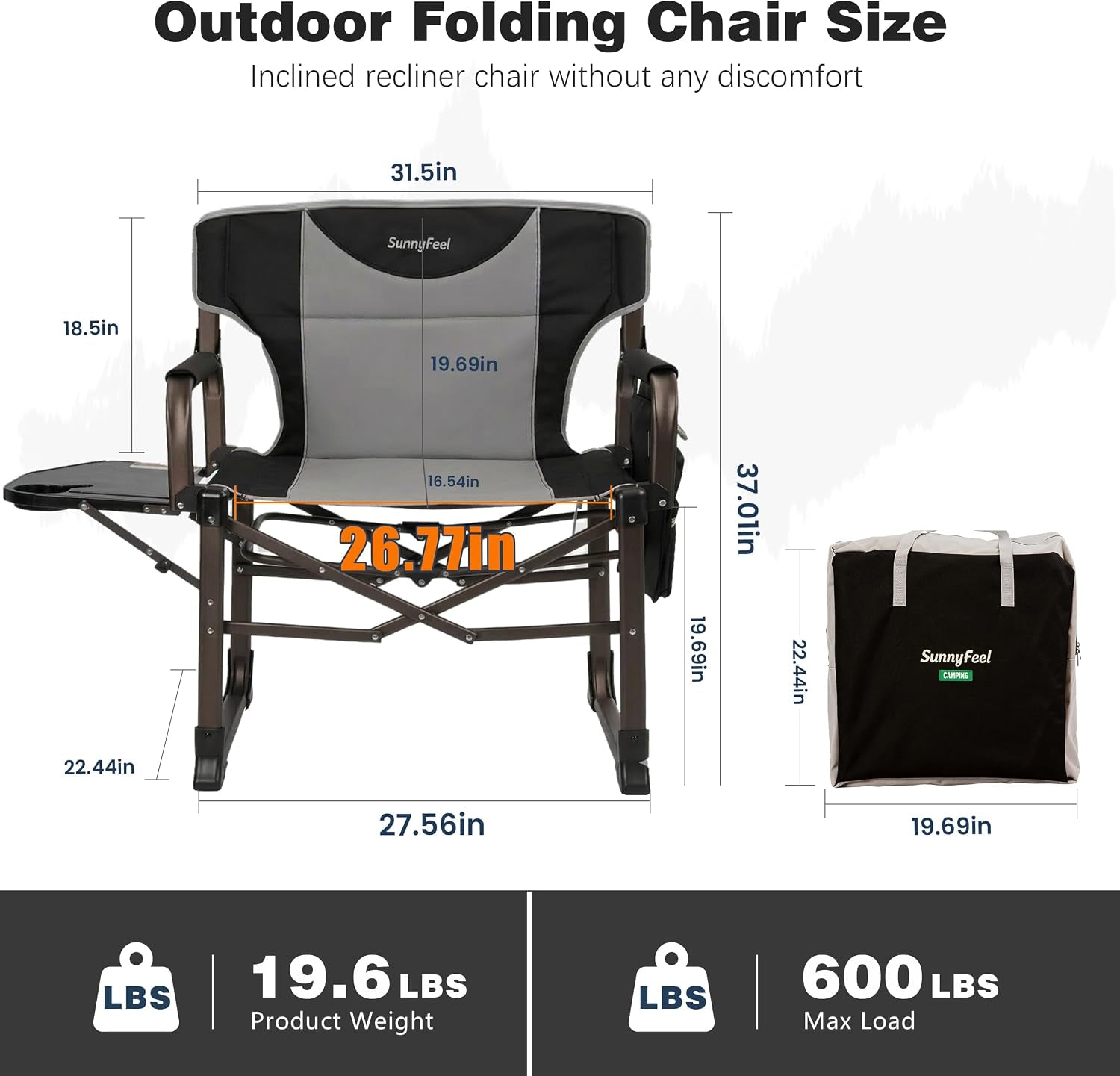 Oversized Camping Directors Chair 2 Pack Portable Foldable Camp Chair for Adults Support 600Lbs with Side Pocket and Side Table for Beach, Fishing, Trip, Picnic, Lawn, Outdoor Black