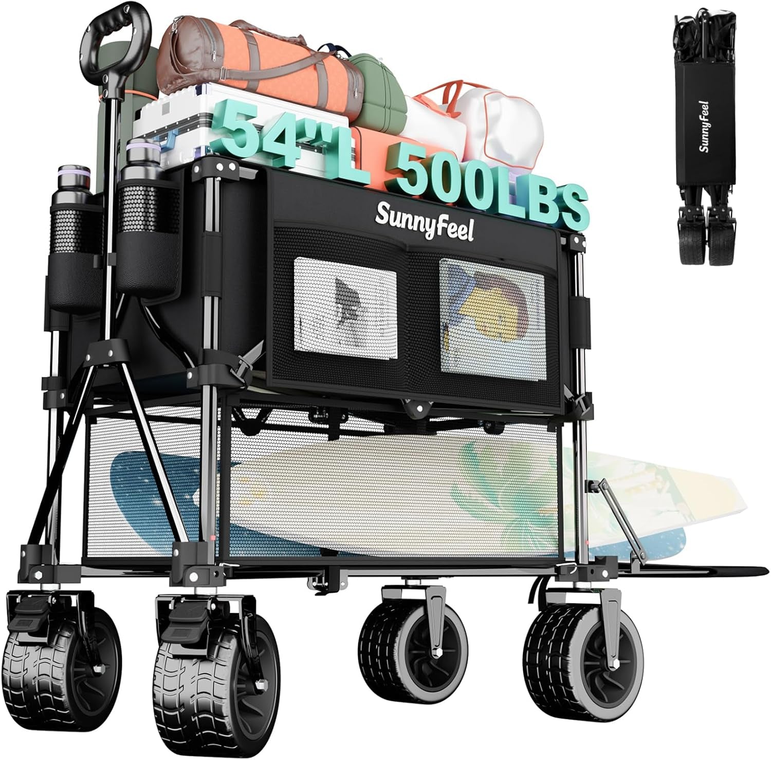 400L Large Capacity Double Decker Wagon with Tailgate | 500LBS Heavy Duty Sports Wagon, 54" Extra Long Extender Collapsible Wagon Cart, All Terrain Wheels for Garden, Beach, Black