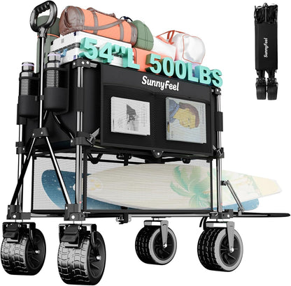 400L Large Capacity Double Decker Wagon with Tailgate | 500LBS Heavy Duty Sports Wagon, 54" Extra Long Extender Collapsible Wagon Cart, All Terrain Wheels for Garden, Beach, Black