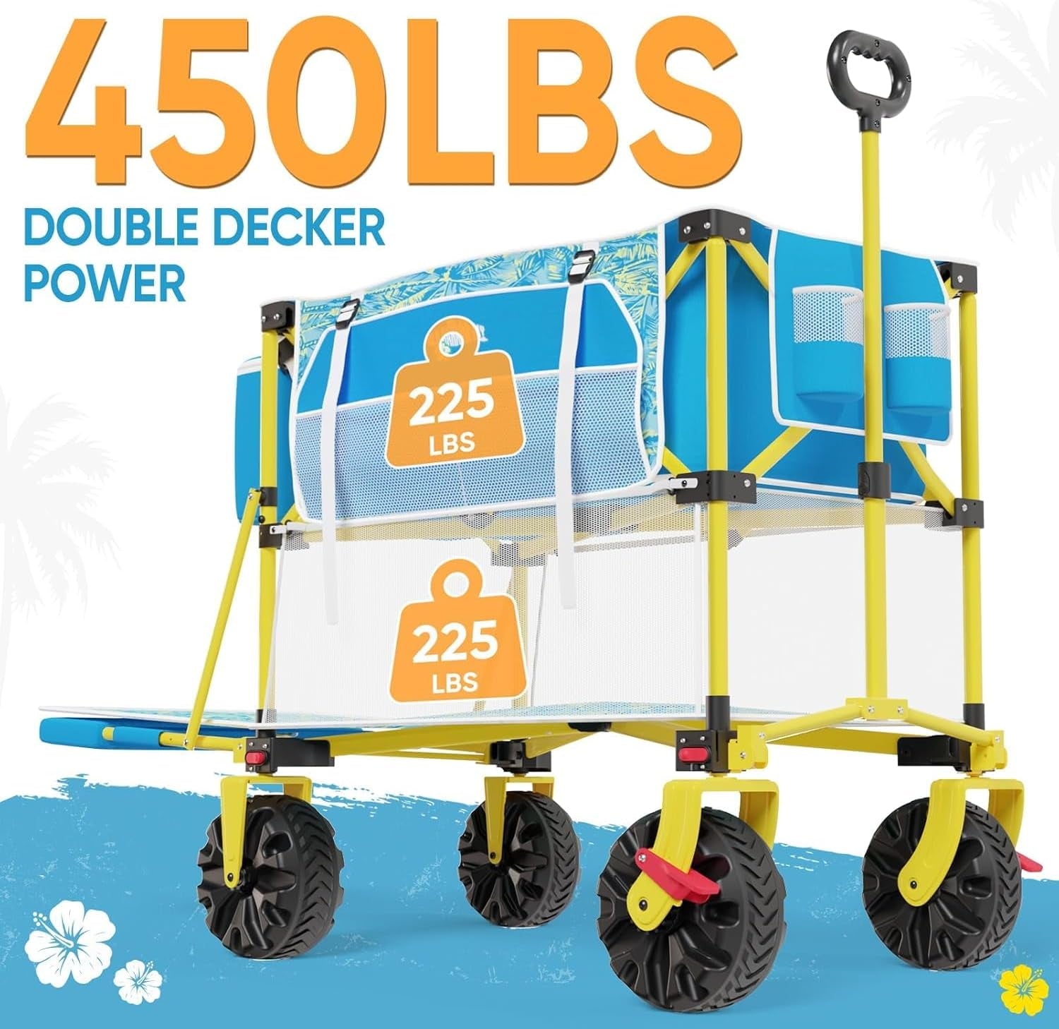 Double Decker Beach Wagon Cart, 400L Extra Large Capacity, 450Lbs Heavy Duty, 54" Extendable Tailgate, All-Terrain Wheels with Brakes, Cooler Bag, Cup Holders & Side Pockets for Beach Camping Shoping