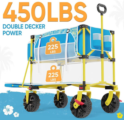 Double Decker Beach Wagon Cart, 400L Extra Large Capacity, 450Lbs Heavy Duty, 54" Extendable Tailgate, All-Terrain Wheels with Brakes, Cooler Bag, Cup Holders & Side Pockets for Beach Camping Shoping