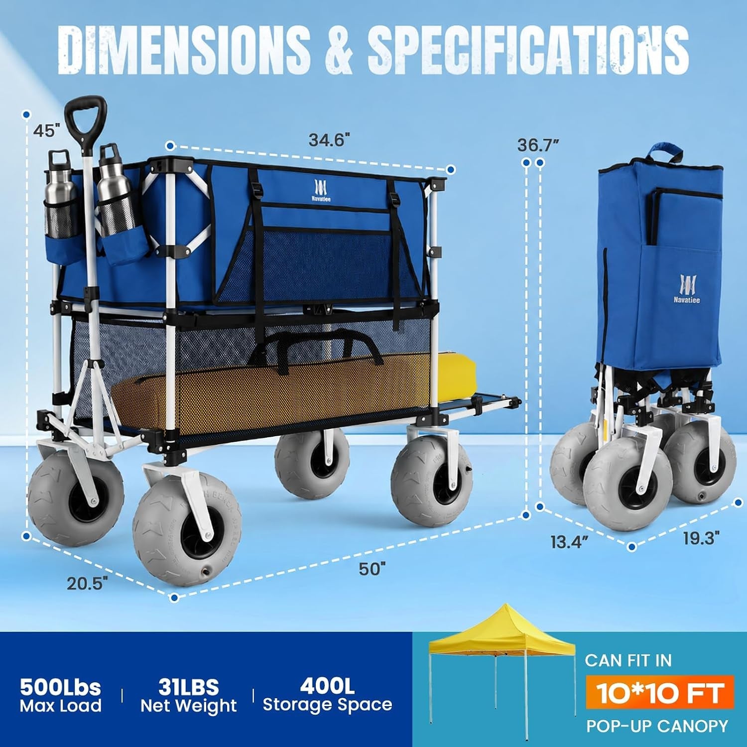 500Lbs Double Decker Wagon, 400L Large Capacity Heavy Duty Beach Cart with 9" Balloon Wheels for Sand, Folding Collapsible Wagon with Side Pocket for Beach, Sport, Camping, Blue