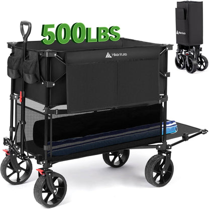 Double Decker Wagon, 400L Extra Large Beach Wagon with Big Wheels for Sand, 500LBS Heavy Duty Collapsible Cart with Tailgate, Utility Carts Foldable for Beach, Sports