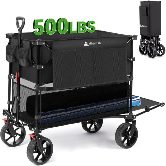 Double Decker Wagon, 400L Extra Large Beach Wagon with Big Wheels for Sand, 500LBS Heavy Duty Collapsible Cart with Tailgate, Utility Carts Foldable for Beach, Sports