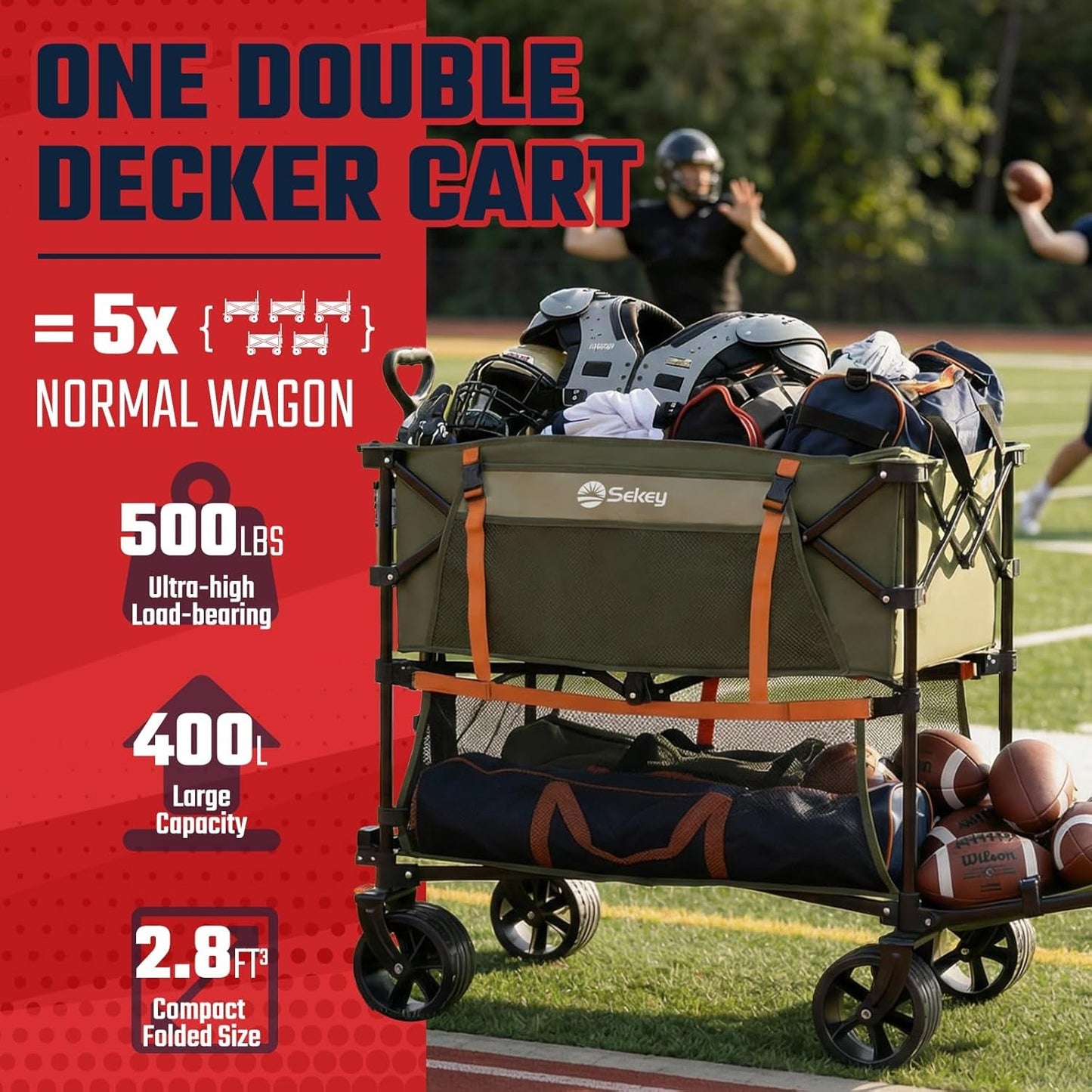 500LBS Heavy Duty Double Decker Wagon with Extender, 400L Large Capacity Collapsible Garden Cart Fits 10X10 Canopy, All-Terrain Big Wheels with Brakes, Foldable Utility Wagon for Sports, Camping