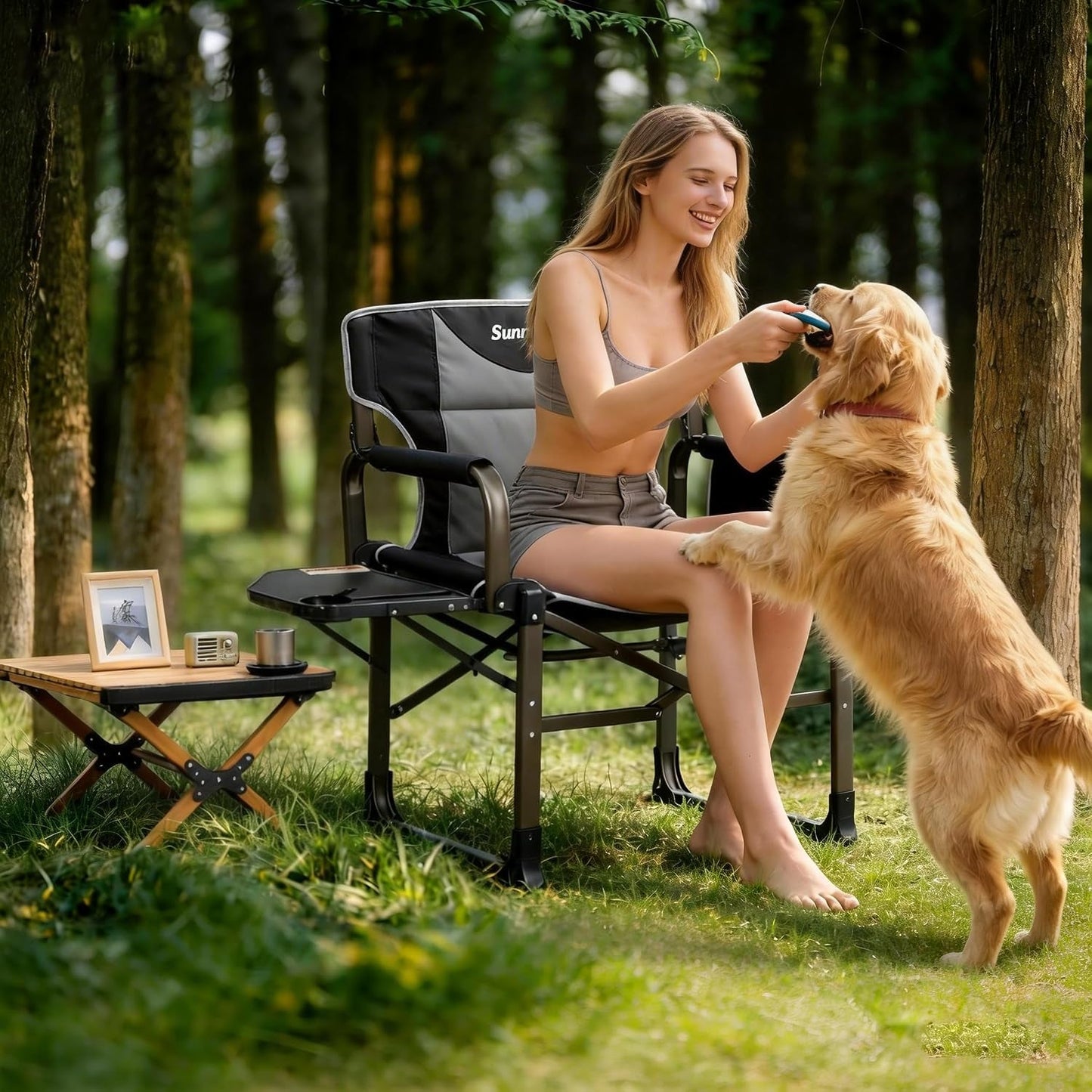 Oversized Camping Directors Chair 2 Pack Portable Foldable Camp Chair for Adults Support 600Lbs with Side Pocket and Side Table for Beach, Fishing, Trip, Picnic, Lawn, Outdoor Black