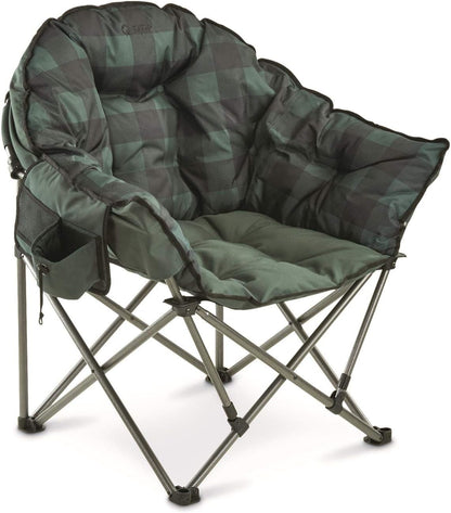 Club Camping Chair, Oversized, Portable, Folding with Padded Seats, 500-Lb. Capacity Green Plaid