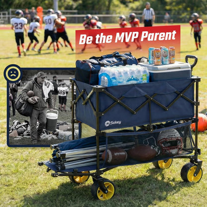 500LBS Heavy Duty Double Decker Wagon with Extender, 400L Large Capacity Collapsible Garden Cart Fits 10X10 Canopy, All-Terrain Big Wheels with Brakes, Foldable Utility Wagon for Sports, Camping