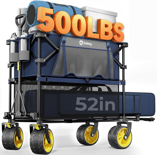 500LBS Heavy Duty Double Decker Wagon with Extender, 400L Large Capacity Collapsible Garden Cart Fits 10X10 Canopy, All-Terrain Big Wheels with Brakes, Foldable Utility Wagon for Sports, Camping