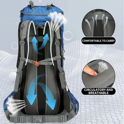 75L Hiking Backpack with Rain Cover Waterproof Camping Backpack Shoes Warehouse for Men Women, Frameless