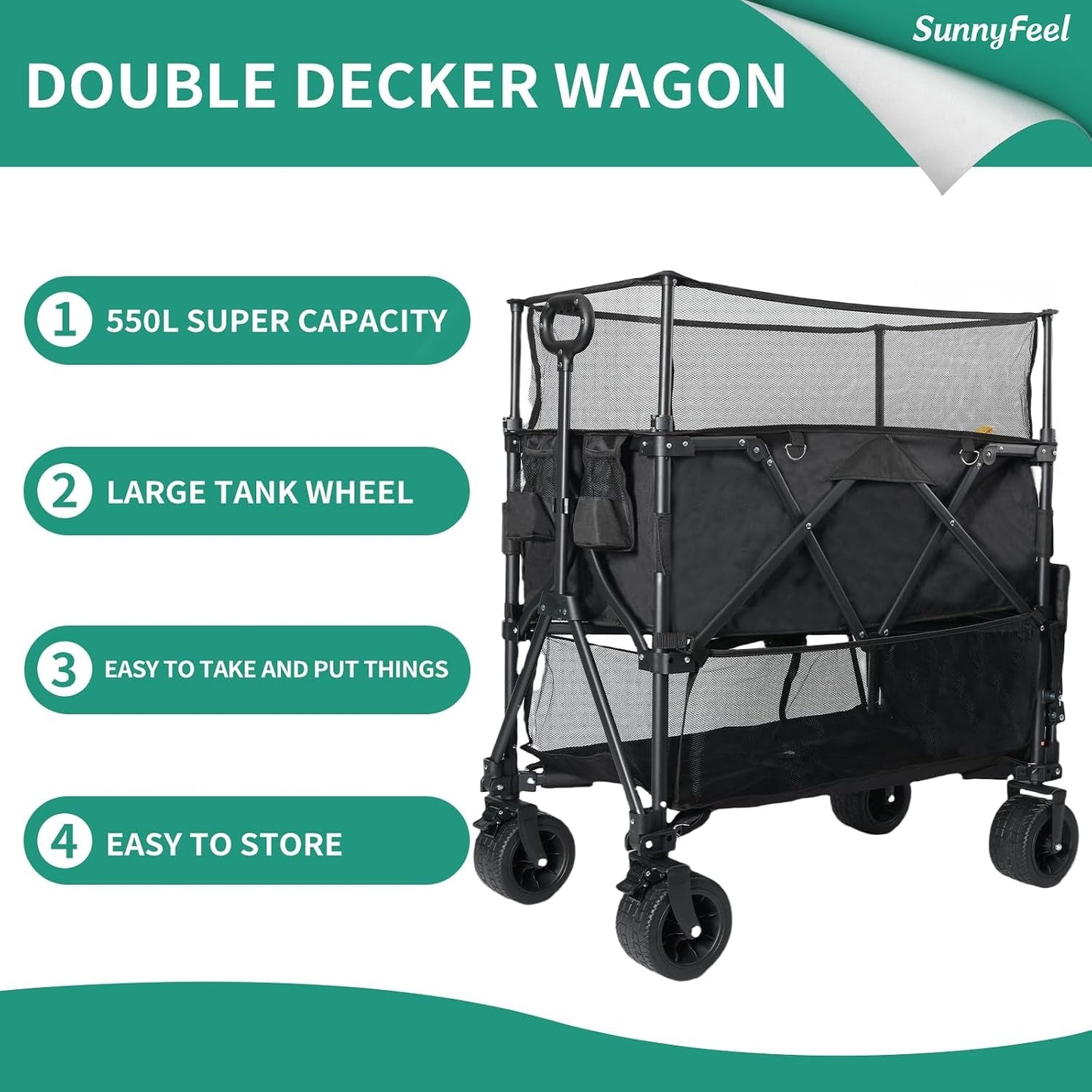 550L Double Decker Wagon with High Extender & Tailgate | 550LBS Heavy Duty Foldable Sports Wagon Cart, All-Terrain Big Wheels for Baseball/Softball, Camping, Garden, Beach, Black