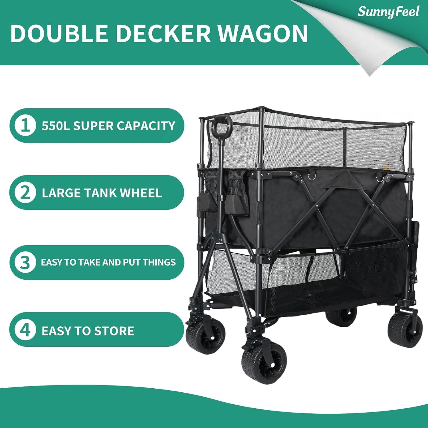 550L Double Decker Wagon with High Extender & Tailgate | 550LBS Heavy Duty Foldable Sports Wagon Cart, All-Terrain Big Wheels for Baseball/Softball, Camping, Garden, Beach, Black