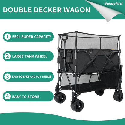 550L Double Decker Wagon with High Extender & Tailgate | 550LBS Heavy Duty Foldable Sports Wagon Cart, All-Terrain Big Wheels for Baseball/Softball, Camping, Garden, Beach, Black