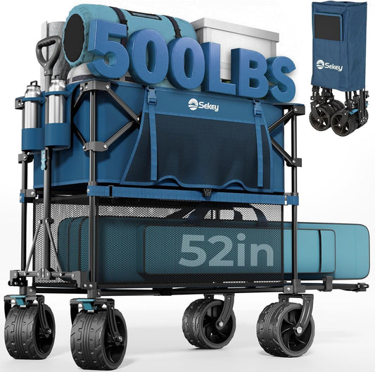 500LBS Heavy Duty Double Decker Wagon with Extender, 400L Large Capacity Collapsible Garden Cart Fits 10X10 Canopy, All-Terrain Big Wheels with Brakes, Foldable Utility Wagon for Sports, Camping