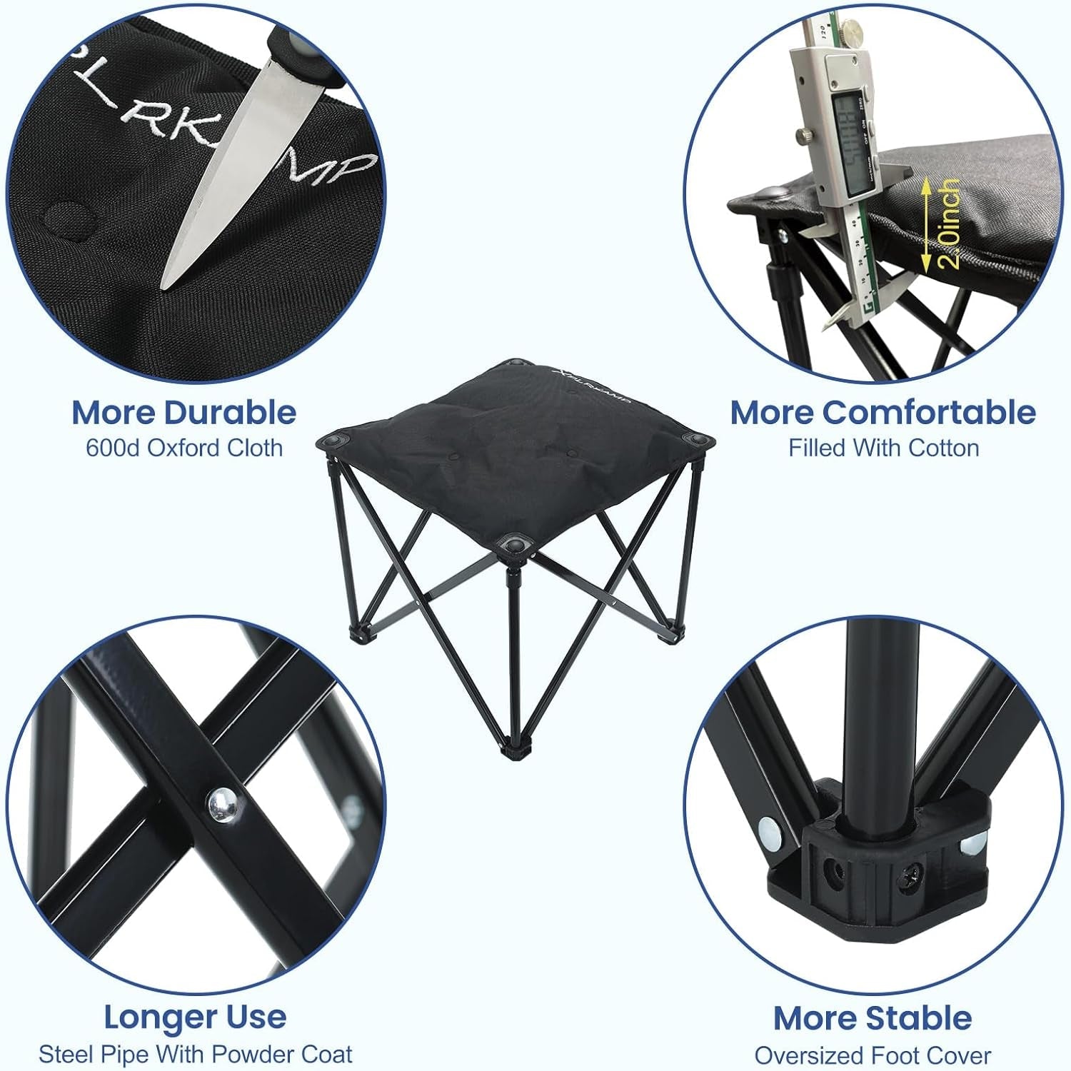 Padded Camping Stool, 18 Inch Oversized Camping Foot Rest, 500Lb Outdoor Folding Camp Chair Portable Camping Ottoman for Camping Gardening W/Storage Net, Carry Bag (2, Black)