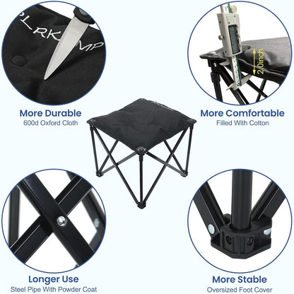 Padded Camping Stool, 18 Inch Oversized Camping Foot Rest, 500Lb Outdoor Folding Camp Chair Portable Camping Ottoman for Camping Gardening W/Storage Net, Carry Bag (2, Black)