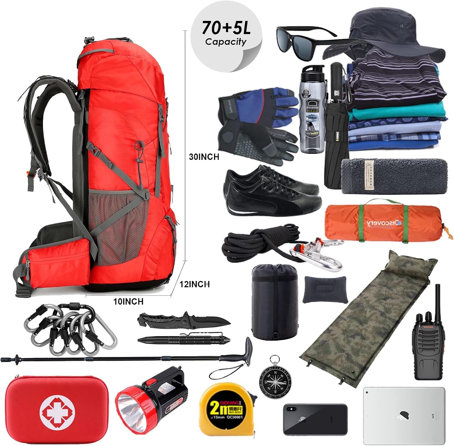 75L Hiking Backpack with Rain Cover Waterproof Camping Backpack Shoes Warehouse for Men Women, Frameless